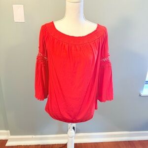 Chico’s Red Peasant Blouse Size 1 Boho Off Shoulder 3/4 Sleeve Crochet Detail